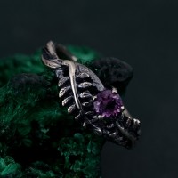 Amethyst Fern Branchlet Ring, Whispering Fern Ring, Twig and Fern Ring, Woodland Fern Band, Graceful Frond Ring