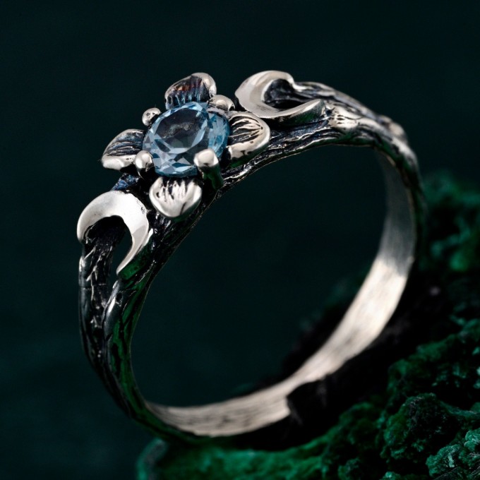 Mystic Topaz Lunar Ring - Triple Moon Goddess Silver Engagement Ring