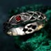 Celtic Pattern Garnet Wedding Band - Wide Vintage Style Tree Bark Design for Couples