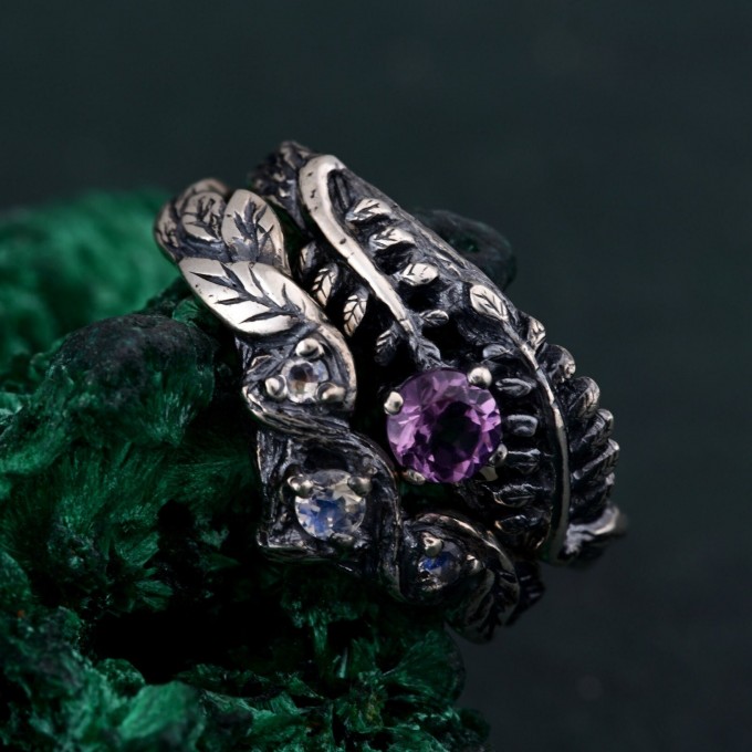 Mystical Amethyst Tree Ring - Enchanted Forest Handcrafted Leafy Silver Engagement Ring