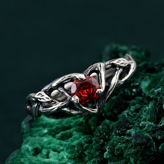 Unique Ring for Women's Engagement – Silver Nature-Inspired Design, Garnet Branch Ring, Perfect Gift for Her