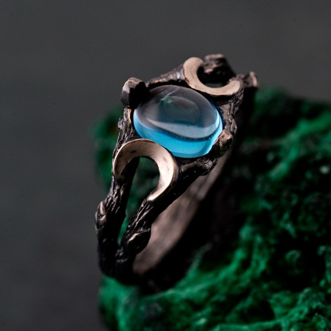 Silver Moon Phase Ring with Blue Gemstone: Enchanted Forest Bohemian Wedding Band