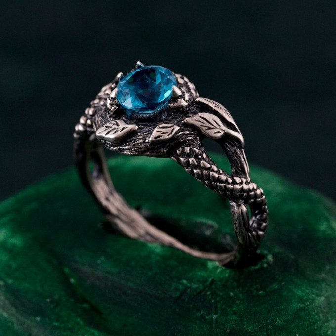 Azure Coil: Gothic Snake Ring with Blue Topaz