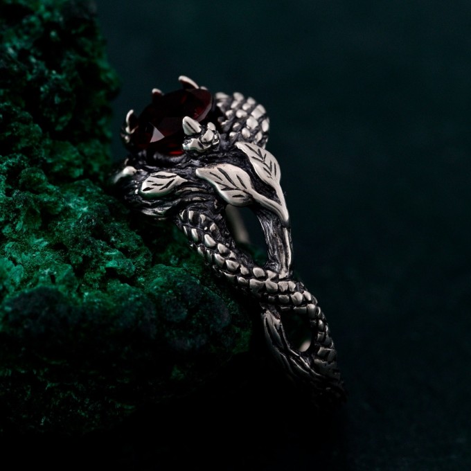 Garnet Serpent Ring with Vintage Dragon Scale Design