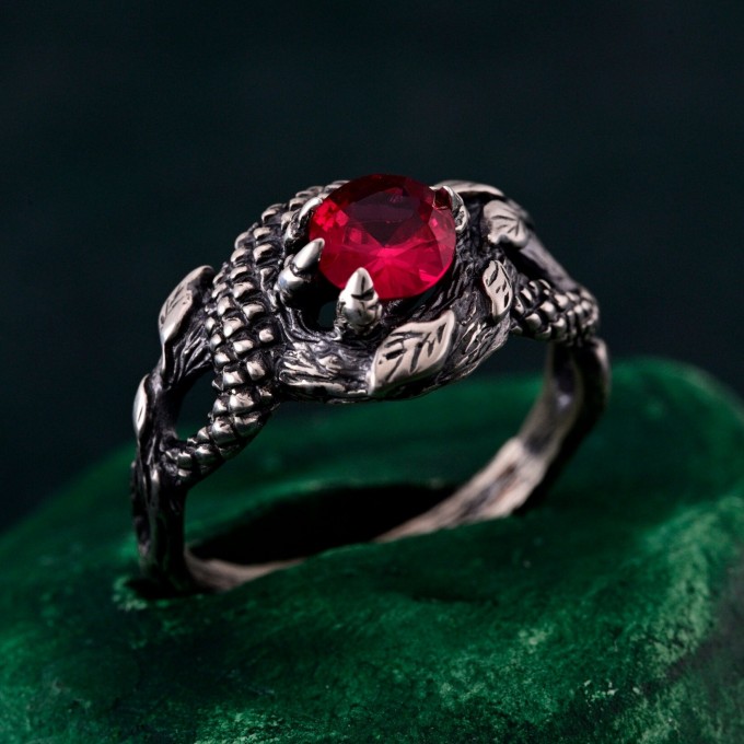 Elegant Ruby Serpent Ring – Mythical Silver Dragon Design, Unique Artisan Jewelry