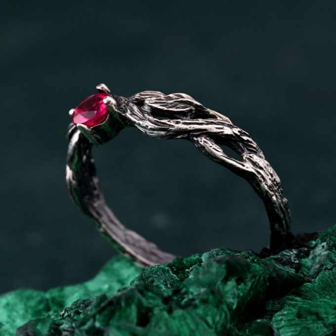 Leafy Branch with Ruby Ring – Nature-Inspired Silver Twig Jewelry