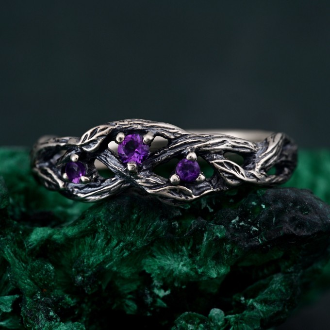 Amethyst Silver Twig Engagement Ring - Unique Dainty Leaf Design for Women