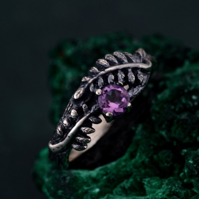 Amethyst Fern Branchlet Ring - Graceful Twig and Fern Woodland Band