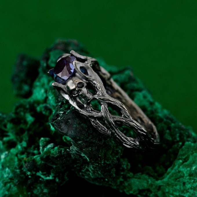 Artisan Silver Skull Engagement Ring - Mystical Wedding Band with Bohemian Branch Design