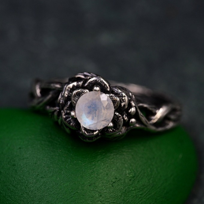 Bohemian Moonstone Lotus Ring - Unique Botanical Design