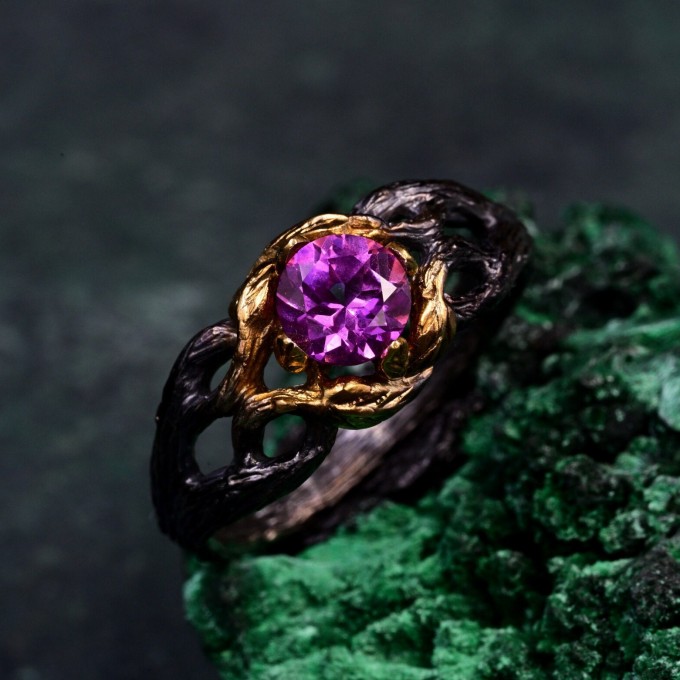 Elegant Alexandrite Wedding Ring for Women – Viking Promise Band with Artistic Leaf and Tree Motif