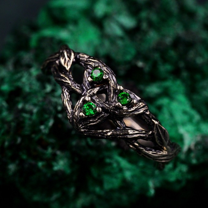Enchanted Forest Silver Ring with Mystical Iridescent Jewel