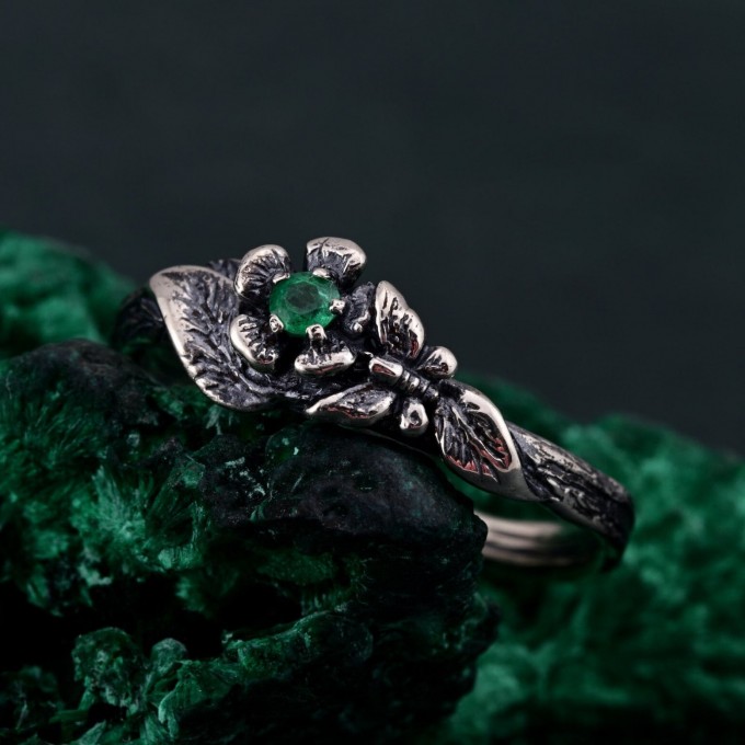 Enchanted Forest Silver Ring - Elegant Garnet & Moth Twig Design