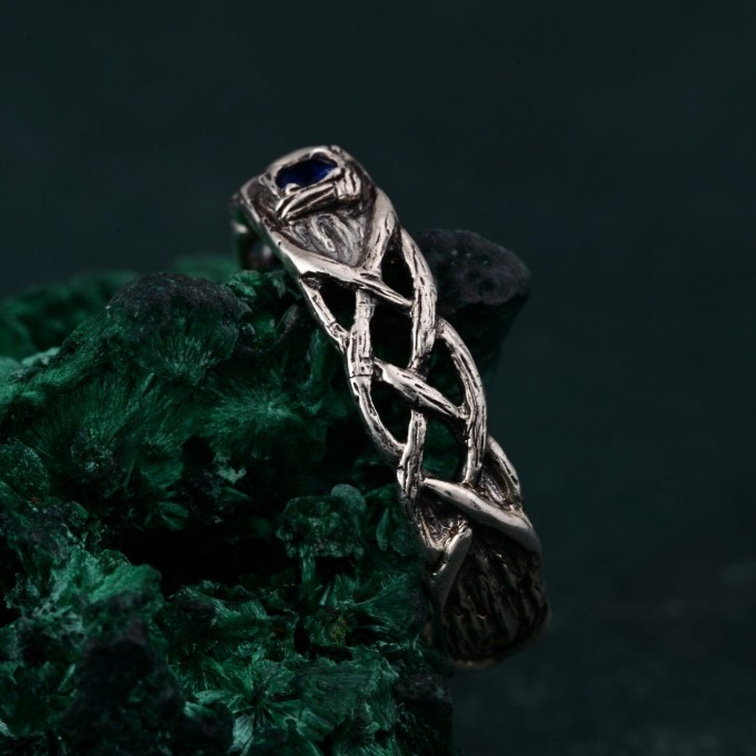 Celtic Pattern Sapphire Wedding Band - Wide Vintage Style Tree Bark Design for Couples