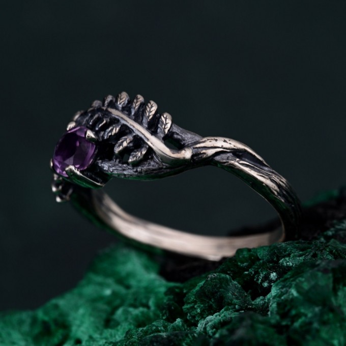 Amethyst Fern Branchlet Ring - Whispering Fern Ring with Graceful Twig and Woodland Design