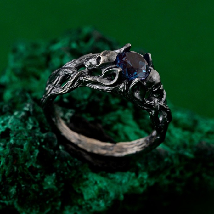 Artisan Silver Skull Engagement Ring - Mystical Wedding Band with Bohemian Branch Design