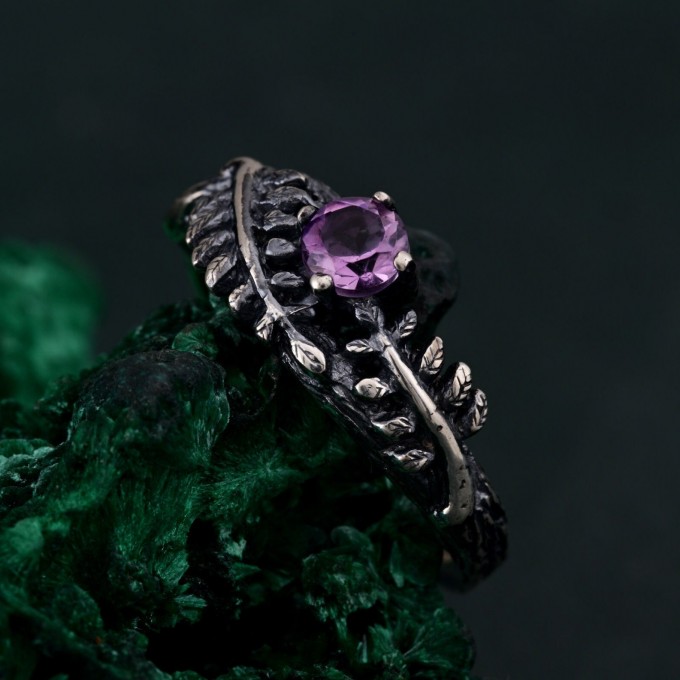 Amethyst Fern Branchlet Ring - Whispering Fern Ring with Graceful Twig and Woodland Design