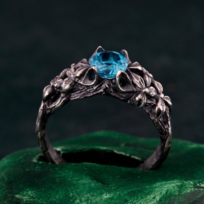 Ethereal Topaz Engagement Ring: Vintage Floral and Tree Branch Design