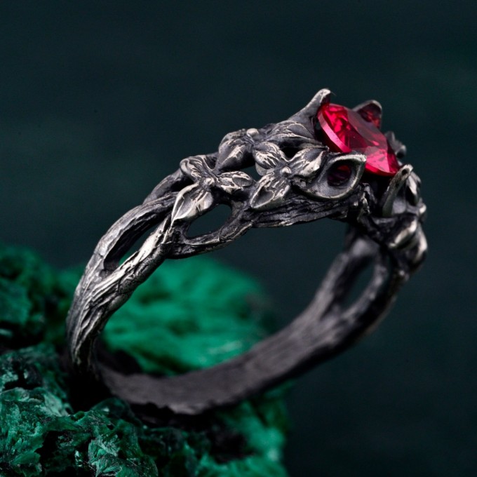 Crimson Blossom: Gothic Sterling Silver Ring with Radiant Ruby