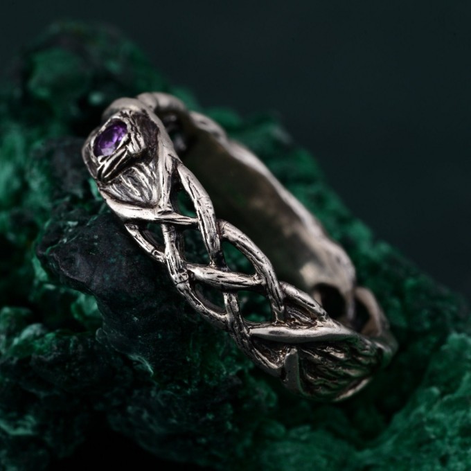 Viking Silver Celtic Ring – Wood Accented Braided Silver Tree Ring with Leaf Design, Masculine Promise Band