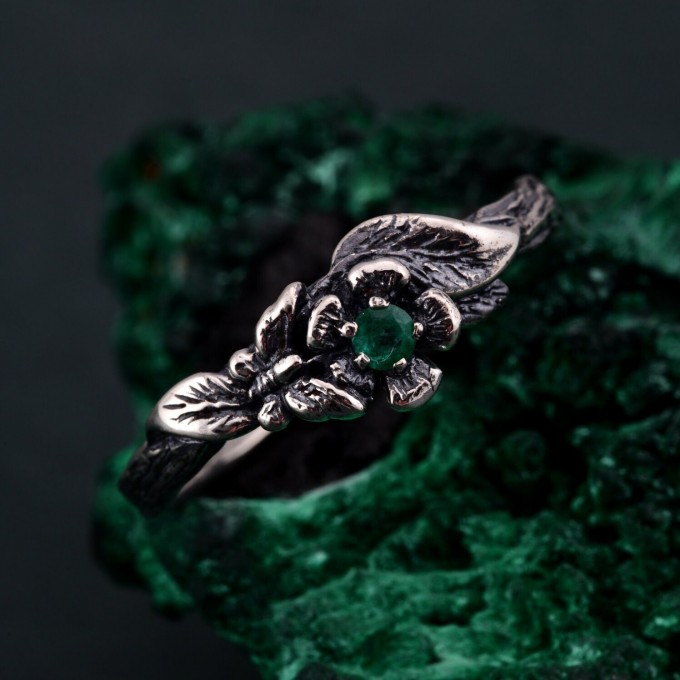 Enchanted Forest Silver Ring - Elegant Garnet & Moth Twig Design