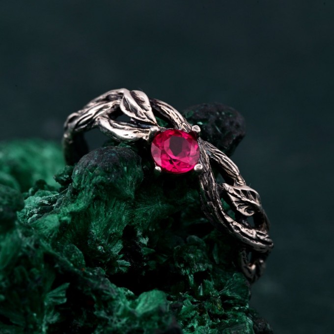 Leafy Branch with Ruby Ring – Nature-Inspired Silver Twig Jewelry