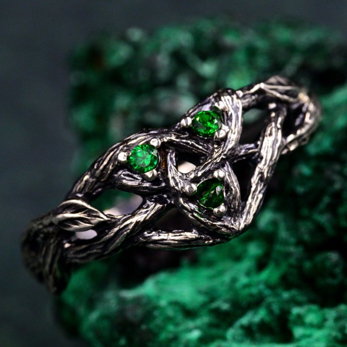 Enchanted Forest Silver Ring with Mystical Iridescent Jewel