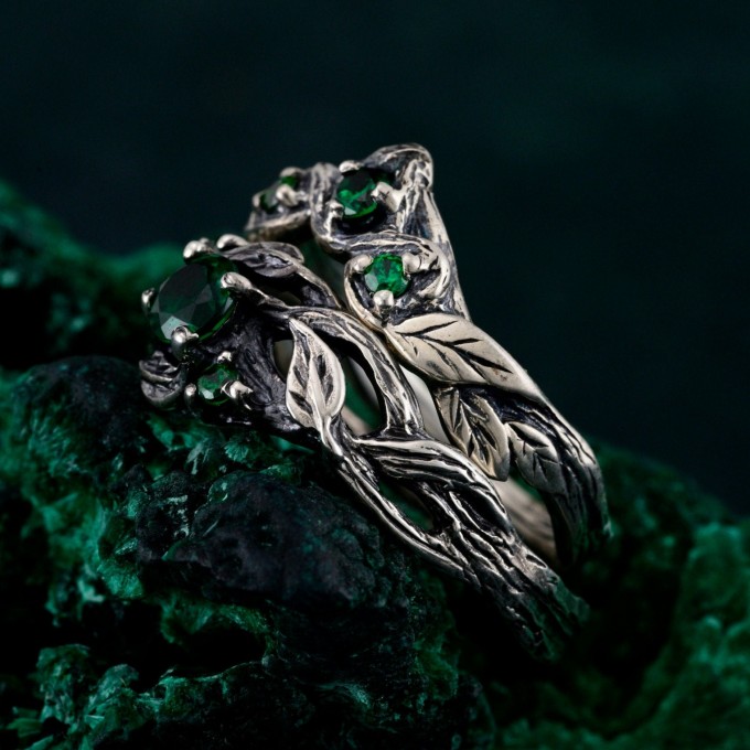 Enchanted Woodland Sterling Silver Ring Set with Nature-Inspired Leaf Design